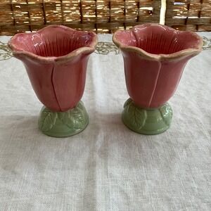 Vintage A‎ Special Place 2004 Pink Tulip Ceramic Flower Candle Holders Set of 2